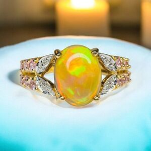 10k Gold -Natural Opal Ring -Sz 7.5 FireOpal Yellow Opal Pink Topaz Diamond Ring